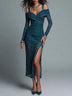 Lace Off‑Shoulder Long Sleeve Wrap V Neck High Slit Bodycon Evening Party Midi Dress
