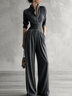 Womens Stand Collar 3/4 Sleeve Corset Waist White Piping Trim High Waist Wide Leg Elegant Jumpsuit  Outfit