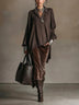Dark Brown Textured Collar Long Blouse Velvet Midi Skirt Set