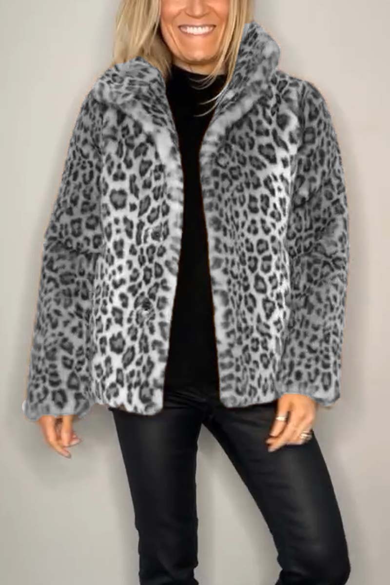 Leopard Print Collar Faux Fur Short Coat