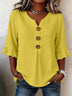 Solid V-Neck Button Ruffle Half Sleeve Casual Top