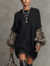 Black Printed Long Sleeve Lace Detail Loose Mini Dress