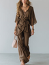 Brown V Neck Tie Top Loose Pant Set