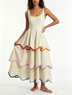 White Contrast Trim Spaghetti Strap Tiered Midi Dress