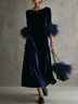 Navy Blue Feather Cuffs A‑Line Elegant Midi Dress
