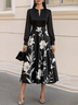 Black Printed Waist Cinched Elegant A-Line Midi Dress