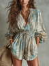 Beige Print V Neck Short Set