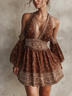 Brown V Neck Bohemian Mini Dress