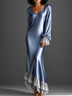 Blue Satin Deep V Lantern Sleeve Lace Trim Mermaid Maxi Dress