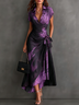 Purple Black Abstract Print Wrap Midi Dress Collared V Neck Short Sleeve Tie Waist Ruffled High‑Low Hem Dress