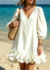 White V-Neck Loose Ruffle Hem Mini Dress