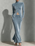 Elegant Blue Velvet Mock Neck Two-Piece Skirt Set