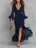 Navy Blue V Neck Ruffled Asymmetrical Hem Maxi Dress