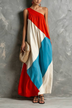 Red Color‑Blocked One‑Shoulder Loose Casual Maxi Dress