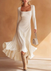 White Square Neck Long Sleeve Asymmetrical Ruffle Midi Dress