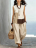 Beige Sleeveless Color‑Block Top & Loose Casual Pants Set