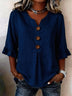 Solid V-Neck Button Ruffle Half Sleeve Casual Top