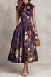 Black Keyhole Collar Floral Pleated Satin Midi Dress