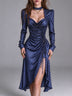 Navy blue polka-dot satin midi dress with pleats and a side slit