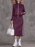 Burgundy Stripe Trim Zip Jacket & Midi Skirt Casual Sports Set