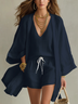 White Loose Cardigan And Drawstring Shorts Three-piece Set