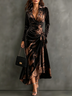 Velvet Wrap Collared Long Sleeve Abstract Print Tie Waist Asymmetrical Hem  Midi Dress