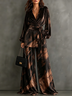 Black Brown Printed Velvet Wrap Blouse & High Waist Wide‑Leg Pants Two‑Piece Set