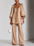 Women Champagne Satin Ruffle V‑Neck Lantern Sleeve Blouse & Flare Pants Two Piece Set
