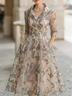 Beige Lace Printed Cinched Waist A‑Line Midi Dress