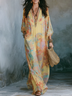 Yellow Printed V-Neck Loose Casual Maxi Dress