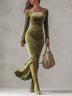 Olive Green Velvet Off Shoulder Long Sleeve Evening Maxi Dress