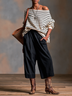Black Off‑Shoulder Striped Top & Black Casual Cropped Trousers Set
