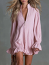 Pink Zip Up Stand Collar Ruffled Mini Dress