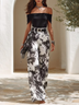 Black Off‑Shoulder Top And Printed High‑Waist Wide‑Leg Pants Set
