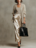 Beige Knit Coat Top & Satin Maxi Dress 3‑Piece Set
