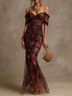 Brown Floral Print Fitted Mermaid Elegant Maxi Dress