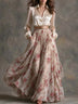 Luxurious satin shirt and floral print maxi skirt set (includes belt)