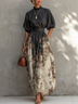 Elegant Color-Block A Mock-Neck Round Collar And Print A-Line Maxi Dress