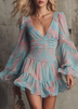 Blue Floral Print Chiffon V Neck Ruffle Long Sleeve Mini Dress