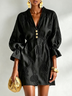 Black Embossed Floral Mini Dress V Neck Gold Button Lantern Sleeve Drawstring Waist Dress