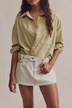 Green Casual Shirt White Mini Skirt Set