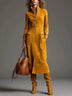 Women's Mustard Yellow Faux Suede Stand Collar Zip‑Up Midi Dress With Pockets