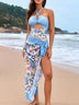 Tie-up One-piece Swimsuit & Skirt Two-piece Set