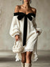 Ivory velvet off-the-shoulder mini dress with bow detail