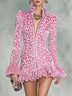 Pink Leopard Print Velvet Mini Dress With Ruffle Hem Front Zipper