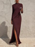 High Neck Draped Ruched High Slit Evening Gown Dress