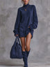 Navy Faux Suede Oversized Mini Dress With Fringe Trim