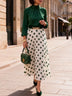 Elegant Green Satin Top and Polka-Dot Skirt Set(Belt included)