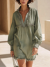 Olive Green Washed Denim Long Sleeve Loose Mini Dress