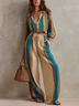 Beige Striped Color Block Crop Top Wide Leg Pant 2 Piece Set